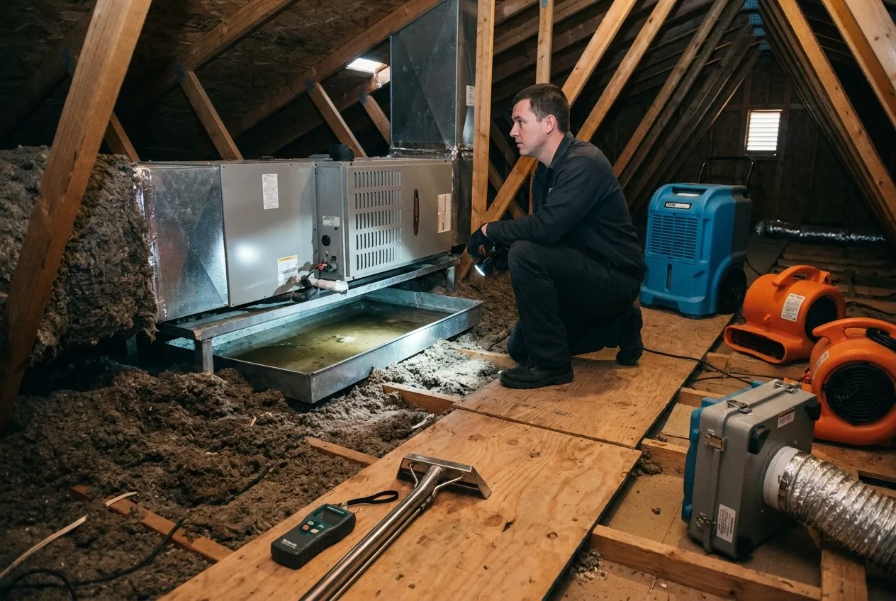 A technician's flashlight shows standing water in the secondary drain pan beneath an attic air handler, with wet insulation beside it.