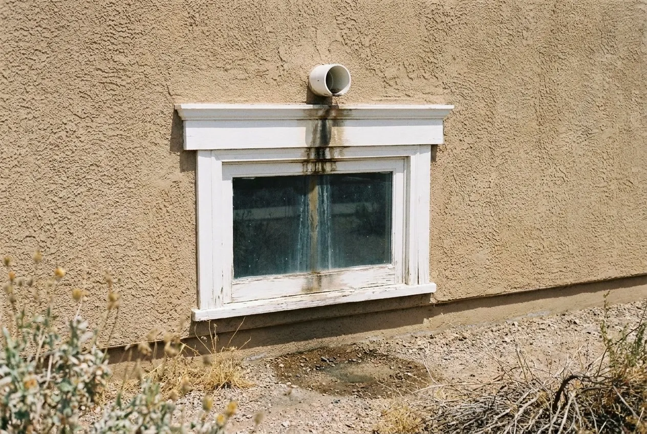 A secondary condensate drain pipe drips above a window on a Phoenix stucco wall, leaving a dark streak down the trim.