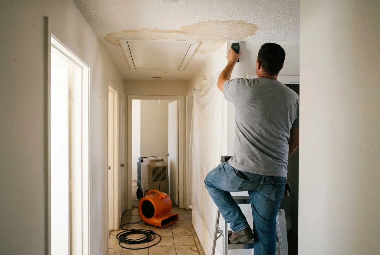 A technician checks the edge of a water stain beside an attic access hatch in a Phoenix hallway with a pin moisture meter.