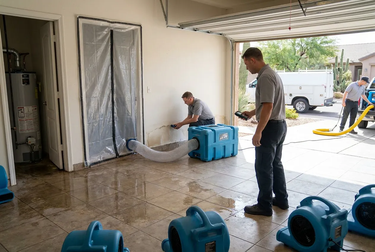 Water spreads from a failed garage water heater toward the interior wall of an Ahwatukee home.