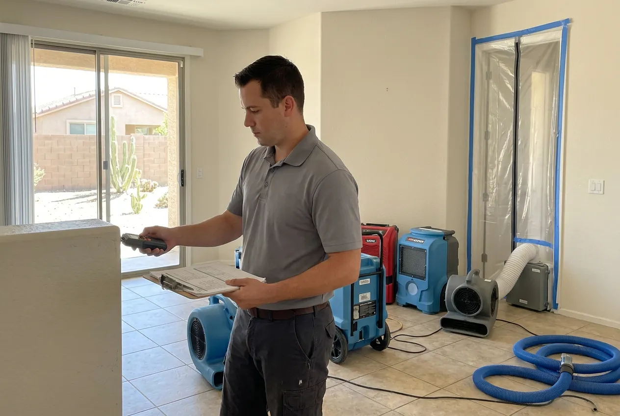 A technician meters the shared wall of an attached Ahwatukee home with documentation on a clipboard.