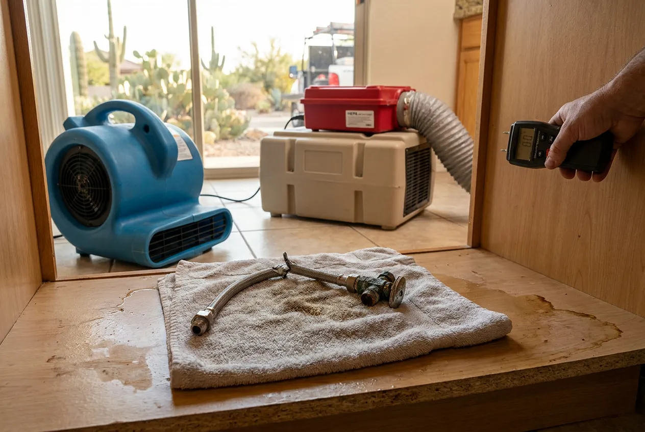 A failed braided supply line and corroded angle stop rest on a towel beside an Anthem home's under-sink cabinet, water staining visible on the particleboard base.