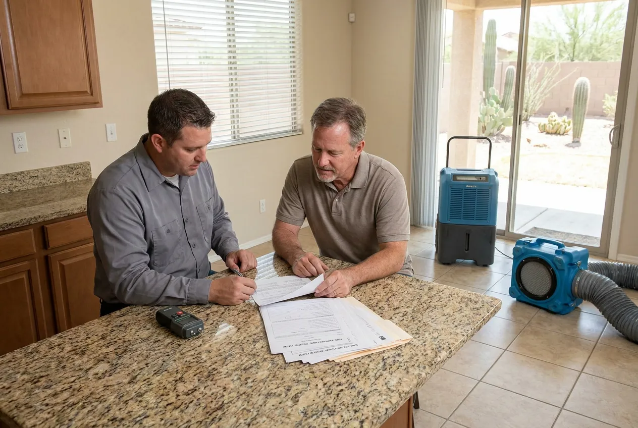 A Water Fighters technician reviews the restoration documentation packet with an Anthem homeowner at a kitchen island.