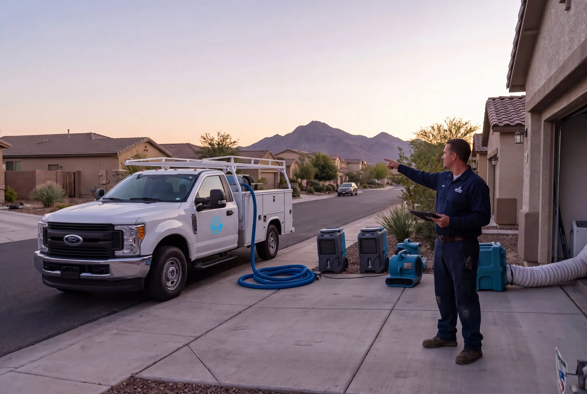 A Water Fighters truck on an Anthem, Arizona street at first light with Daisy Mountain rising behind the rooftops.