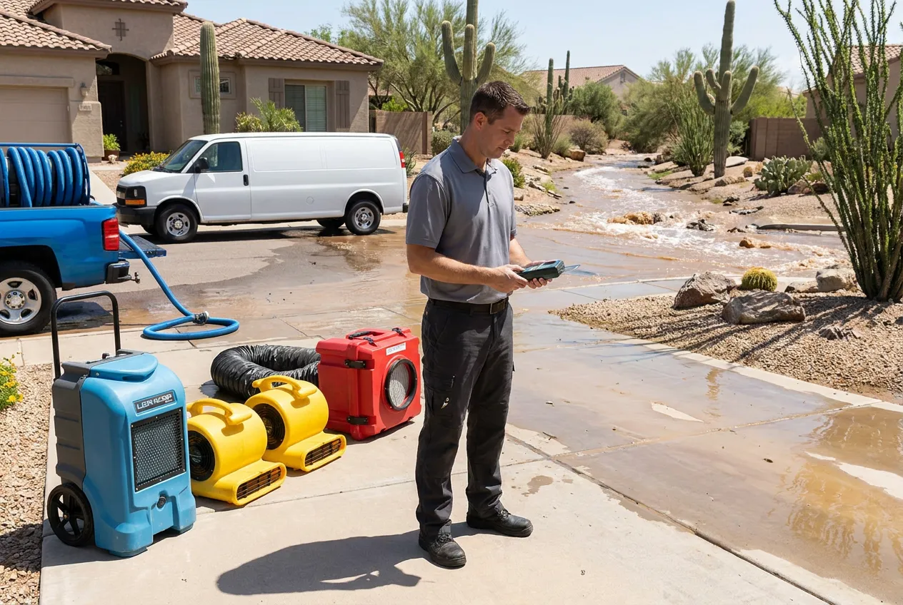 A technician stands on dry ground above a flooded Anthem driveway while foothill runoff moves through a nearby wash.