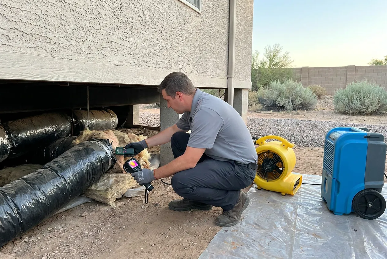 A technician inspects insulation and floor ductwork beneath a skirted manufactured home in Apache Junction.