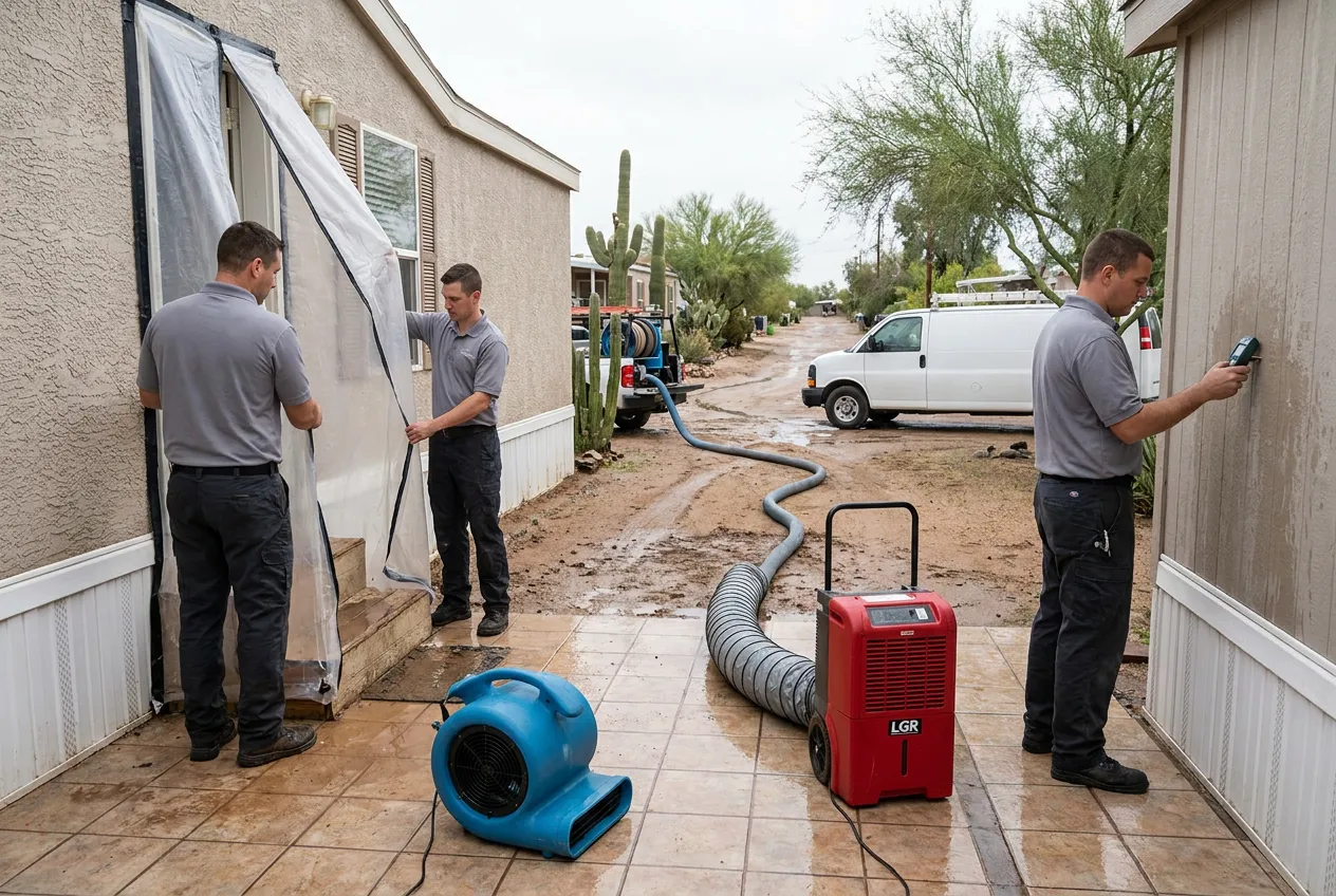 Muddy storm runoff crosses a residential lane near manufactured homes in Apache Junction.
