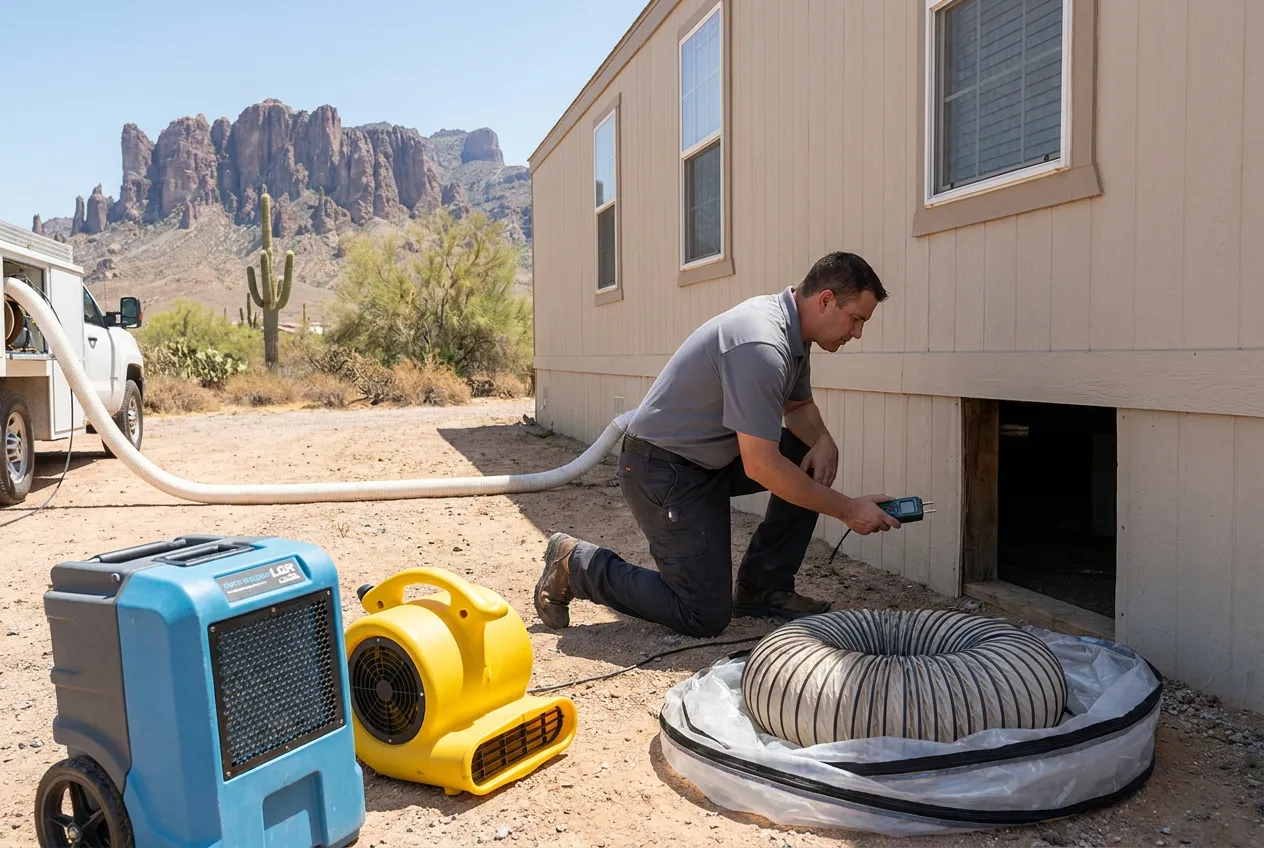 A restoration technician inspects the underside of a manufactured home with Superstition Mountain visible beyond the property.