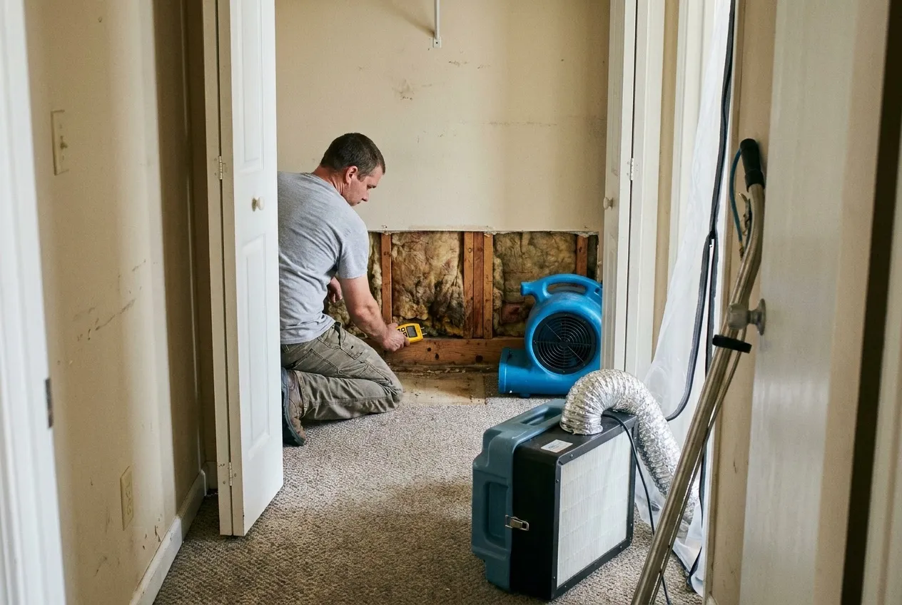 A technician checks the bottom plate with a pin moisture meter in an apartment closet where the lower drywall was removed for drying.