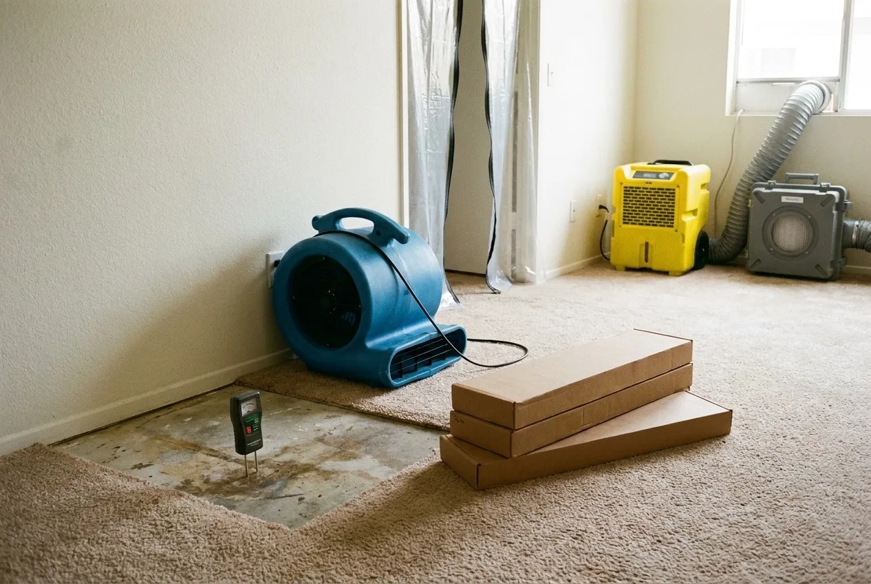 Unopened flooring waits in a vacant apartment while an air mover dries the exposed slab and wall base.