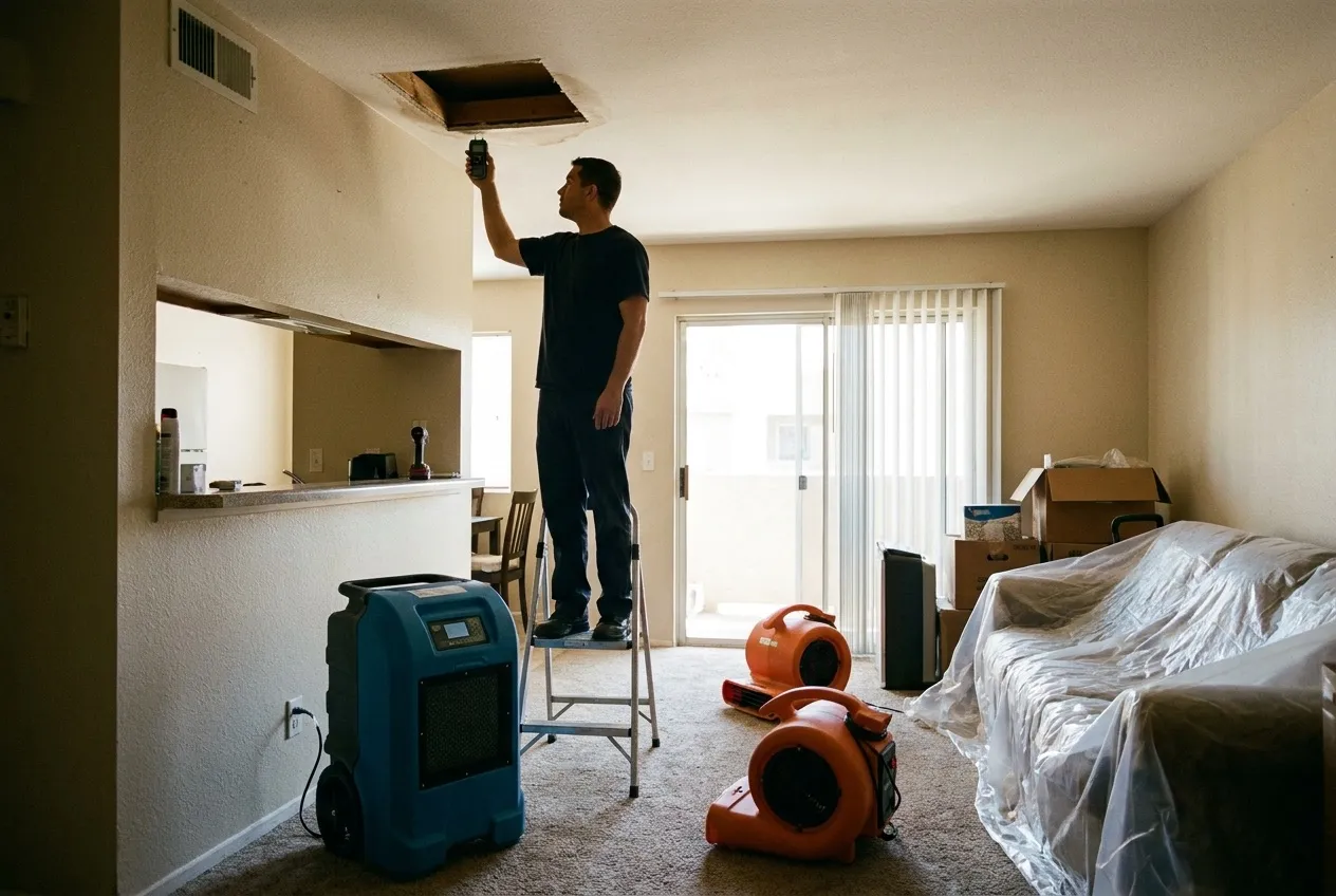 A technician takes moisture readings at an opened ceiling in a ground-floor apartment while a dehumidifier and air movers run below.