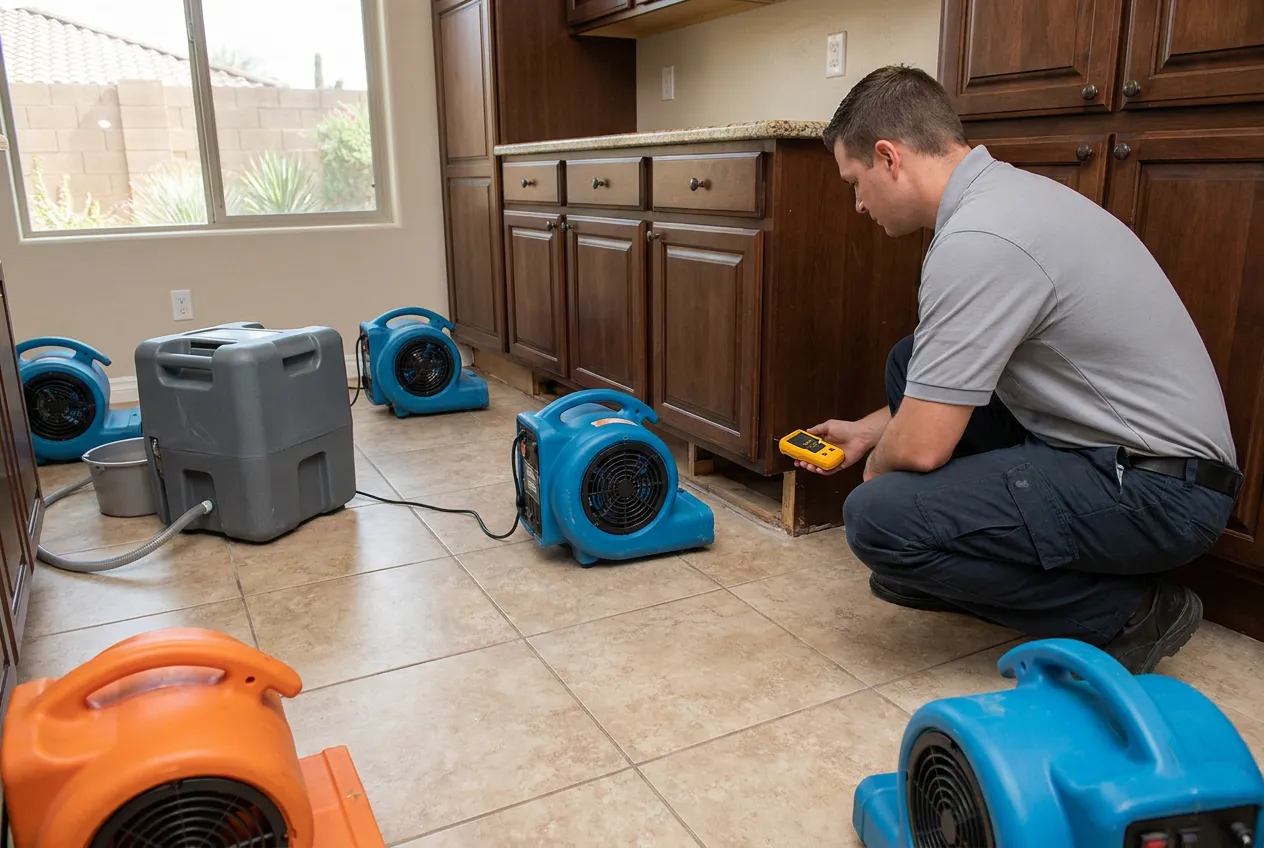 Toe kicks removed and air movers positioned beneath custom cabinetry in a renovated Arcadia kitchen after a supply line failure.