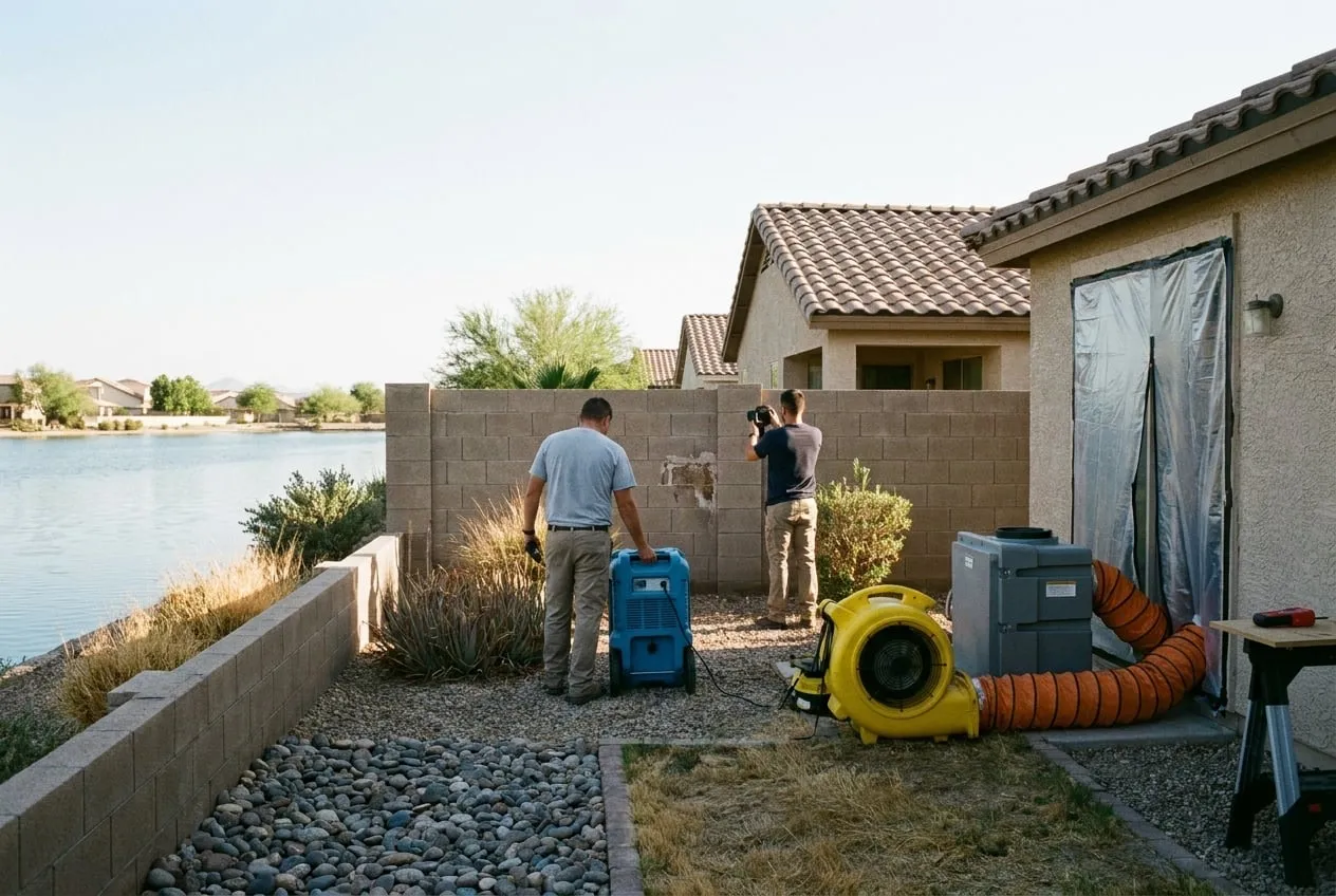 A strip of gray rock runs between a block back wall and a lake behind a home in north Glendale.