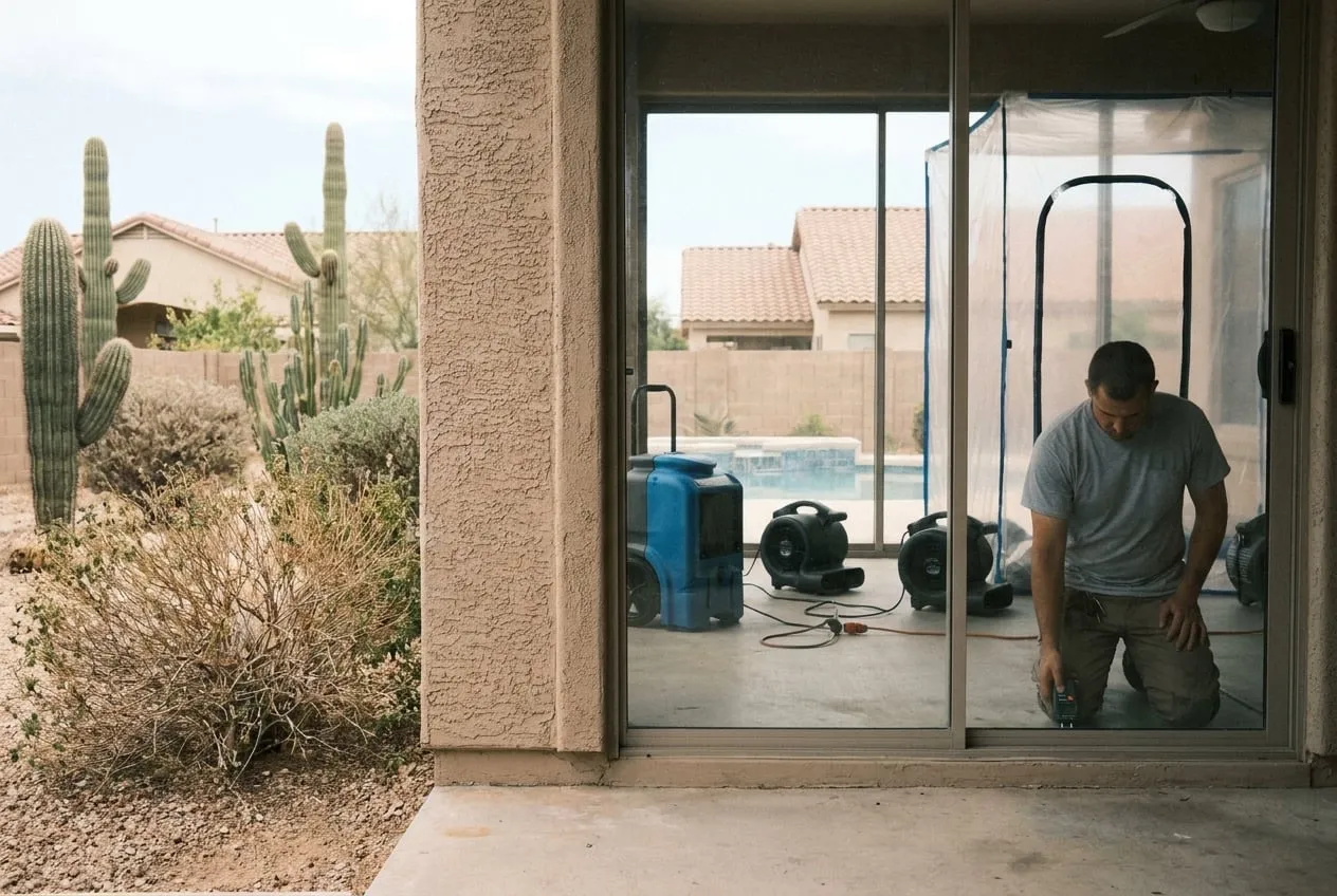 A technician takes a moisture reading at a baseboard beside a patio door in a north Glendale home with a pool outside.