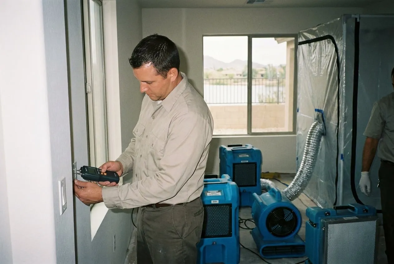 A restoration technician holds a moisture meter to an interior wall of a north Glendale home, with a lake visible through the back window.