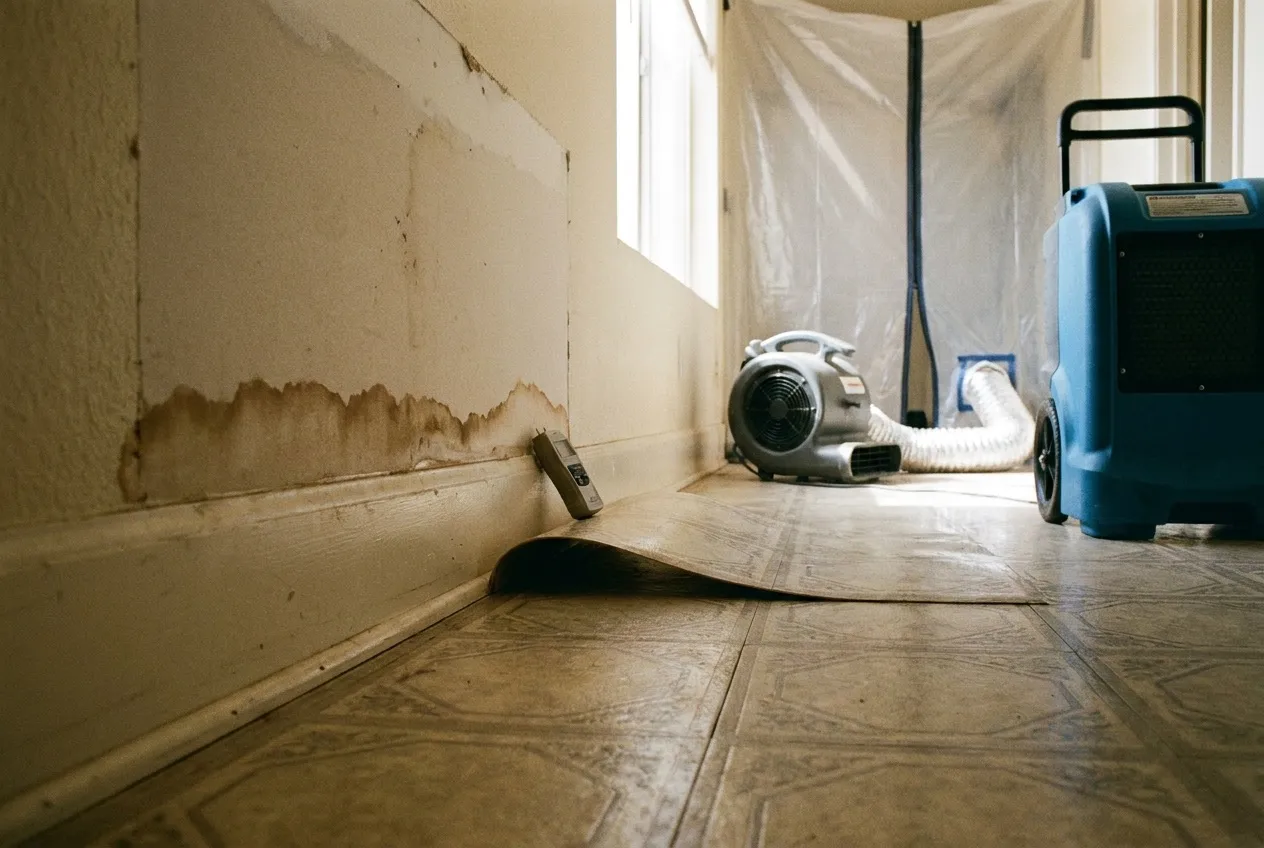 Water-stained drywall and curling old sheet vinyl meet at a baseboard in an older Phoenix home, with a moisture meter resting on the trim.