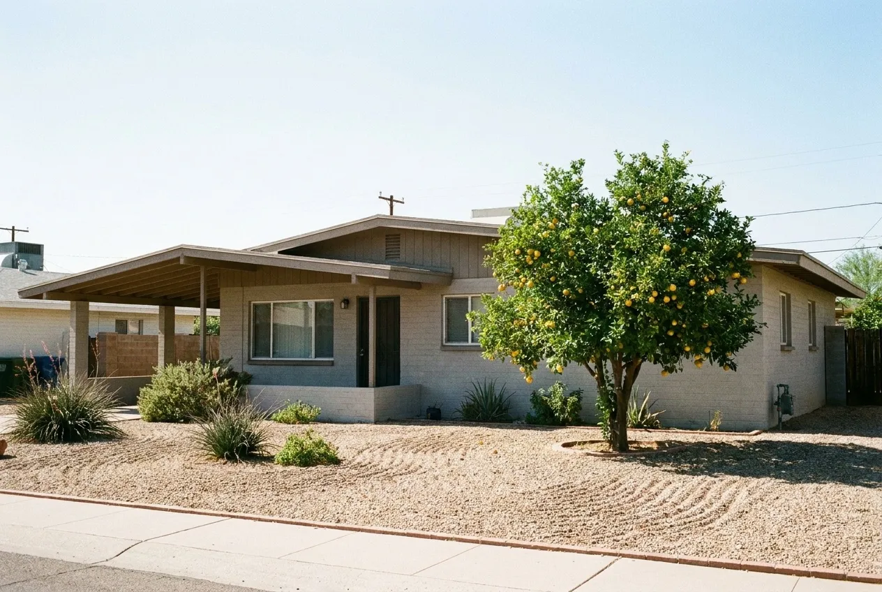 A 1950s single-story ranch house with painted block walls and a low-pitched roof sits under a clear Phoenix sky.