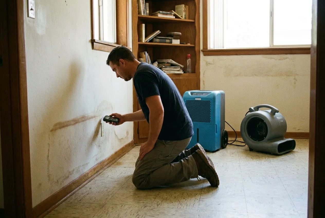 A technician takes a moisture reading on an intact, water-stained wall in a 1960s Phoenix ranch house while drying equipment runs.