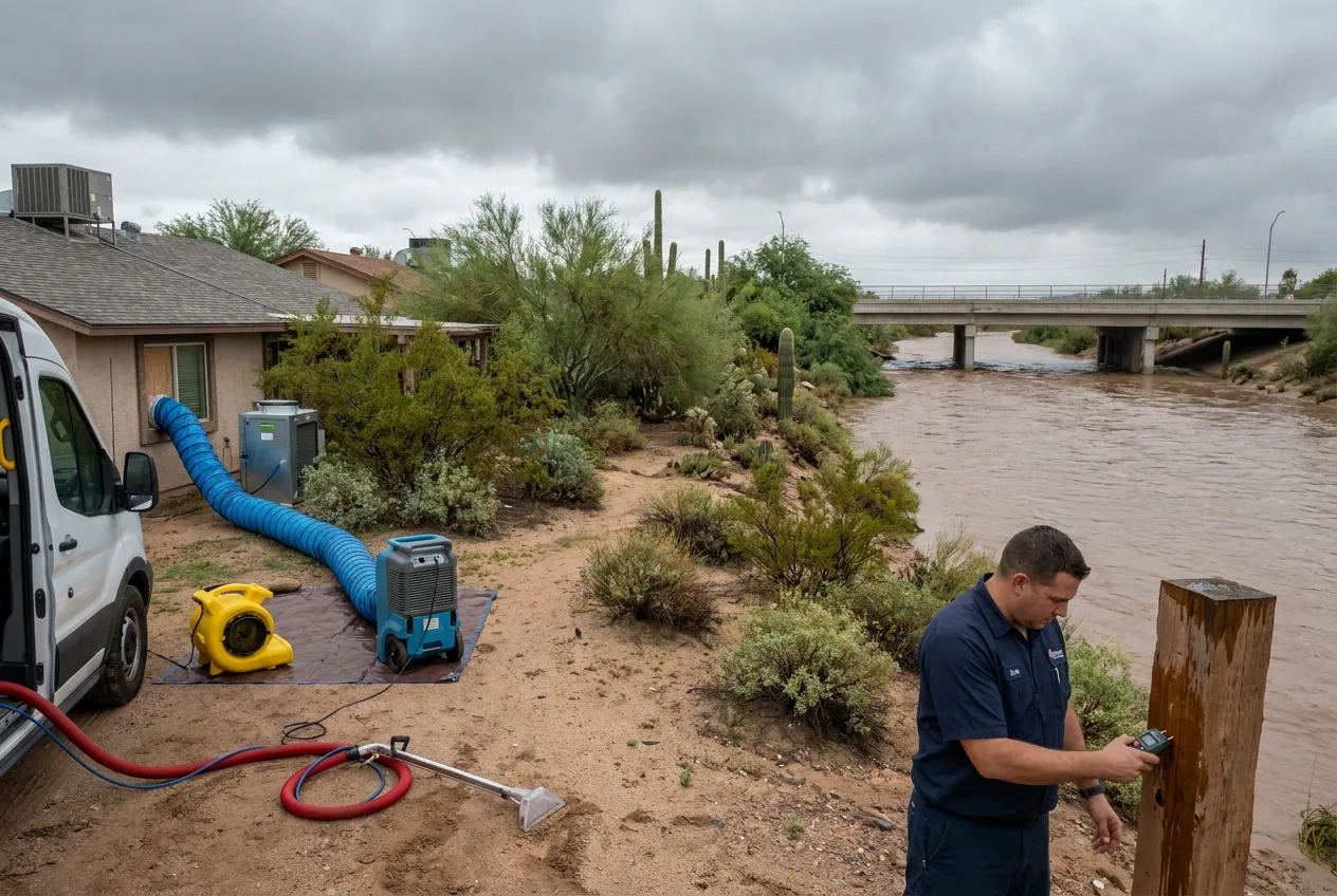 Storm flow moves through the Agua Fria River channel in Avondale under a monsoon sky, with neighborhood rooftops visible beyond the banks.
