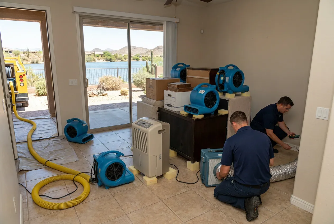 Air movers dry a Garden Lakes living room in Avondale with the community lake visible through the patio door and furniture blocked on foam pads.