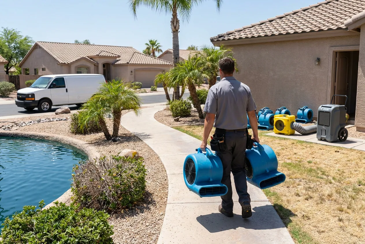 A Water Fighters technician carries air movers along a lakeside path toward a home in Avondale's Garden Lakes community.