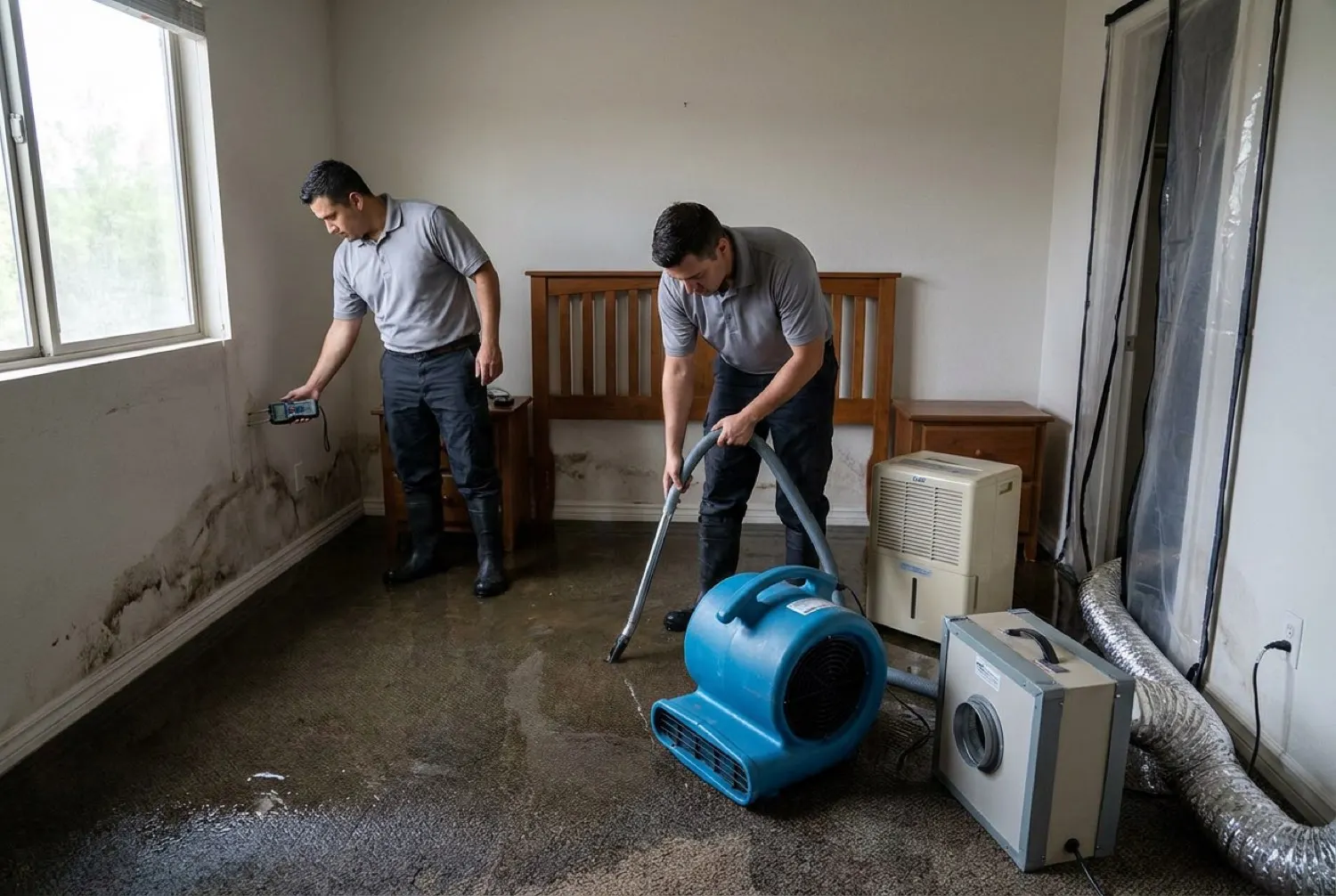 Before: standing water and saturated drywall in a flooded bedroom