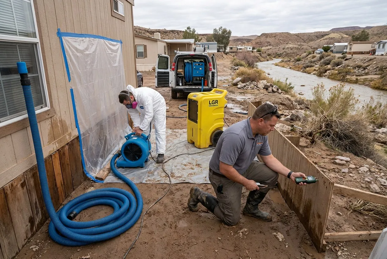 A technician inspects the underfloor edge of a Black Canyon City manufactured home after muddy floodwater recedes.