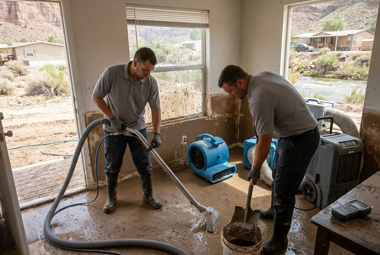 Technicians remove sediment and water below a visible mud line inside a Black Canyon City home.