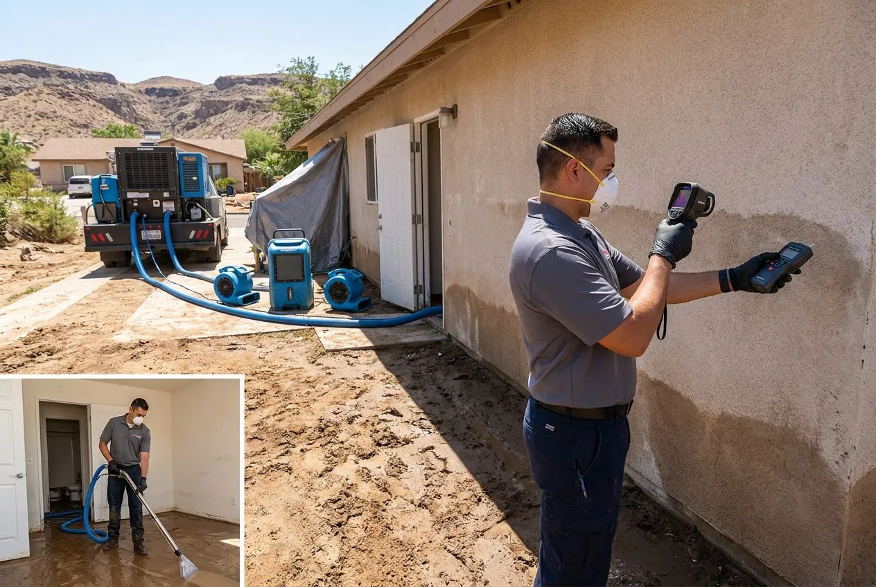 A restoration technician documents mud and a high-water line at a Black Canyon City home near the Agua Fria River.