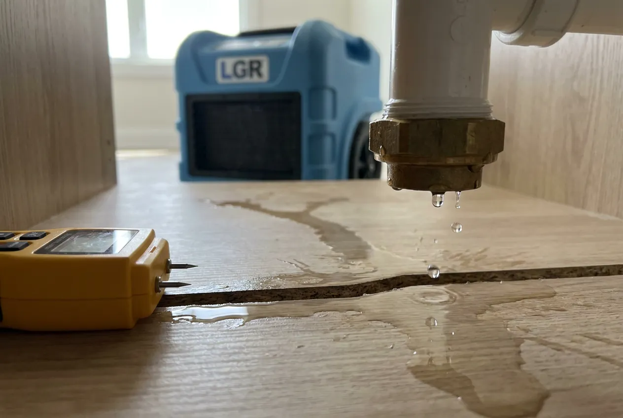 A weeping compression fitting under a new Buckeye home's kitchen sink, with water tracked across the cabinet base beside a moisture meter.