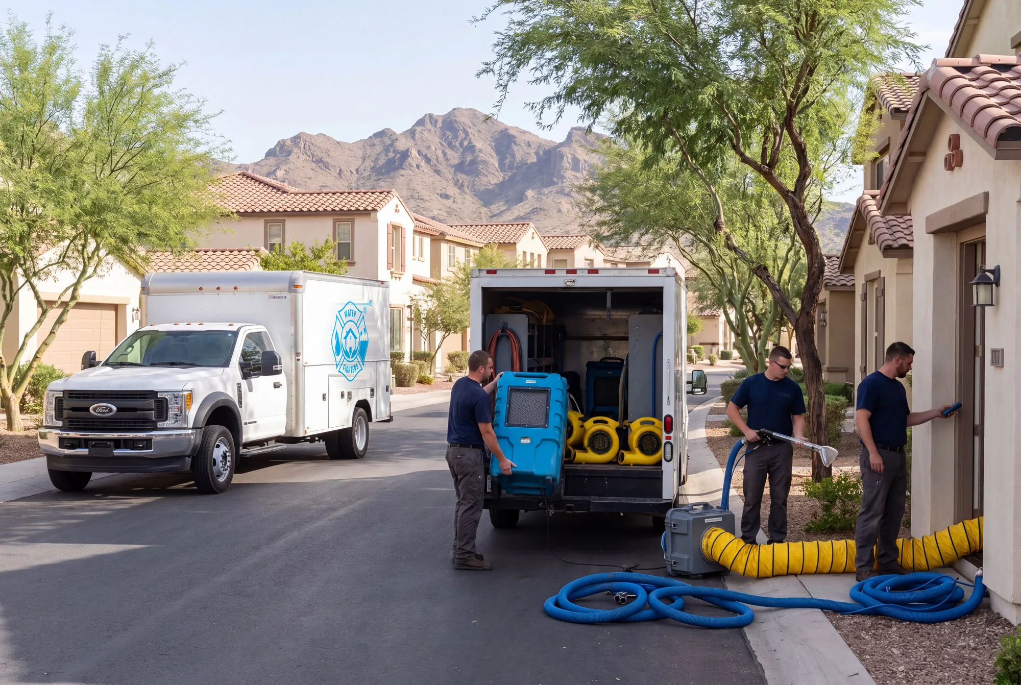 A Water Fighters truck on a tree-lined Verrado street in Buckeye, Arizona with the White Tank Mountains rising directly behind the homes.