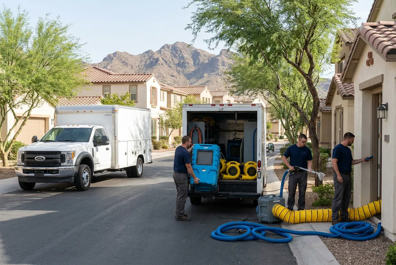 A Water Fighters truck on a tree-lined Verrado street in Buckeye, Arizona with the White Tank Mountains rising directly behind the homes.