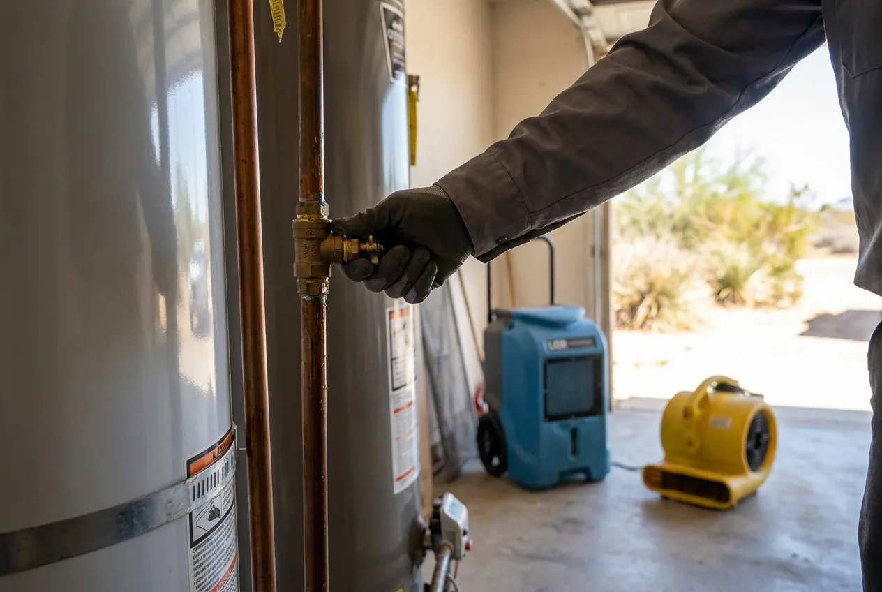 A homeowner's hand closes the main water shutoff valve beside a garage water heater in a Phoenix home.