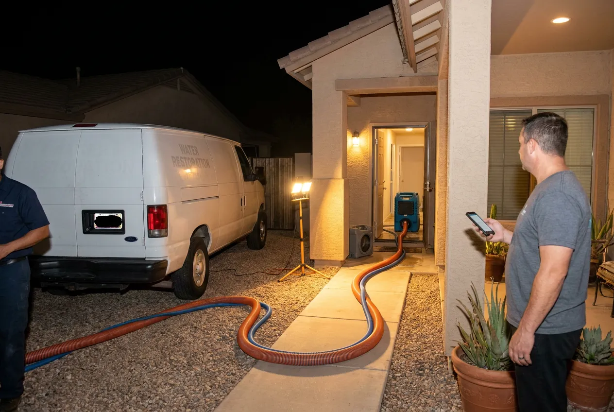 A truck-mounted extraction hose runs through the front door of a Phoenix home at night while the homeowner watches from the porch.