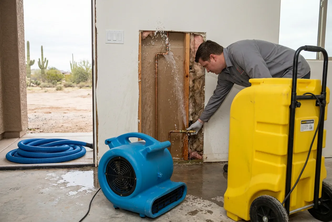 Water arcs from a failed supply line fitting inside an opened Phoenix wall cavity while a technician reaches for the isolation valve.