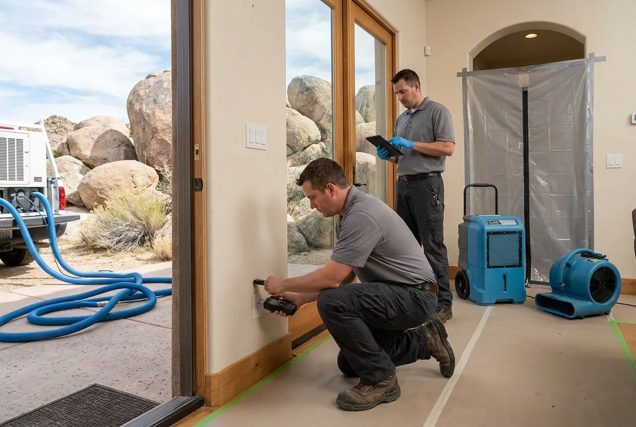 A technician checks baseboard moisture near a patio door after entering a seasonal Carefree home following a storm.
