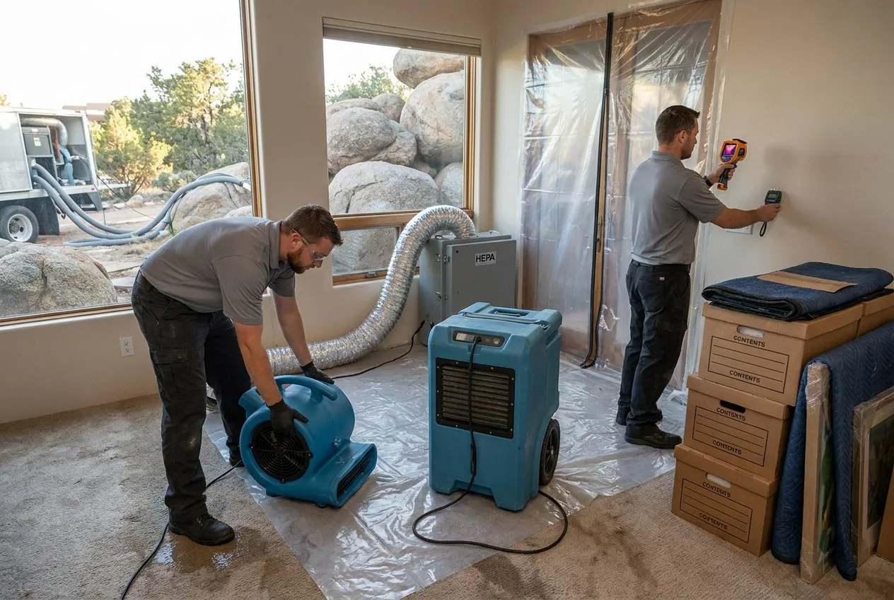 Protected artwork and labeled contents are staged away from drying equipment inside a Carefree custom home.