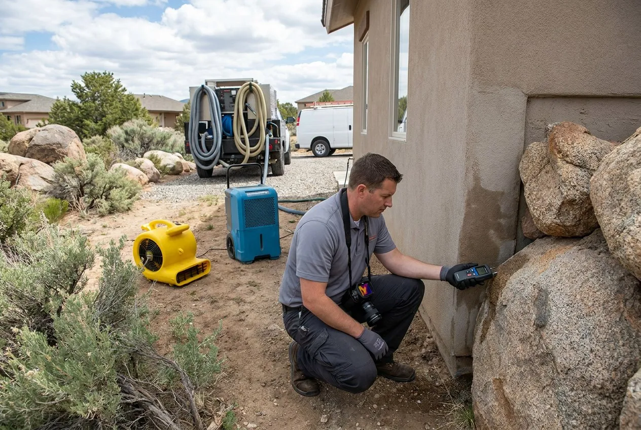 A restoration technician inspects moisture where a custom Carefree home's interior wall meets a granite boulder outcrop.