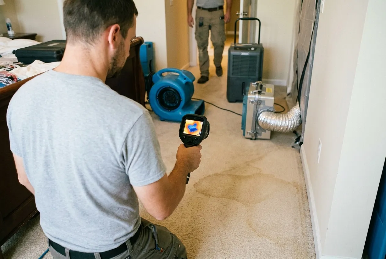 A thermal camera screen shows wet carpet extending past the visible water mark along a bedroom wall.