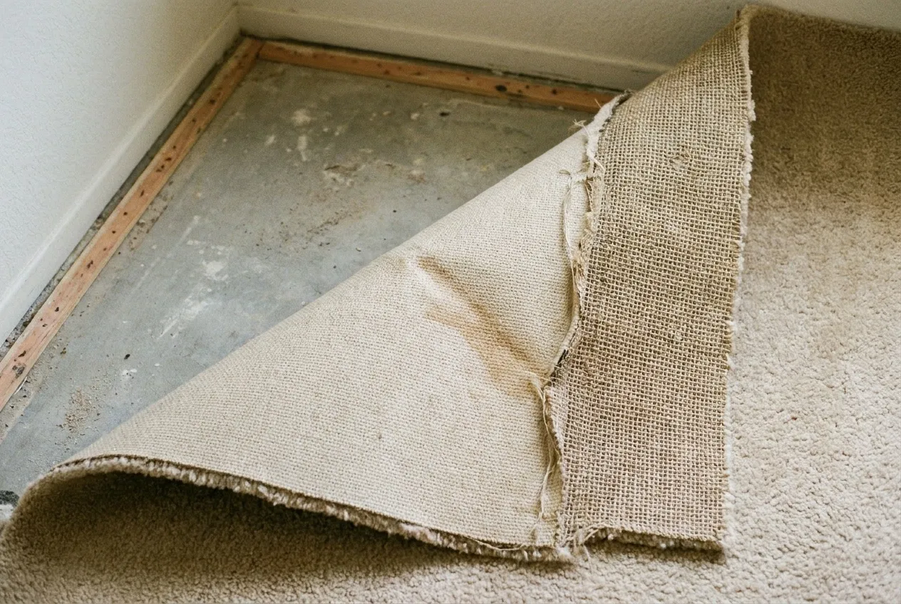The woven backing of a water-damaged carpet separates from the primary backing at a folded-over corner.