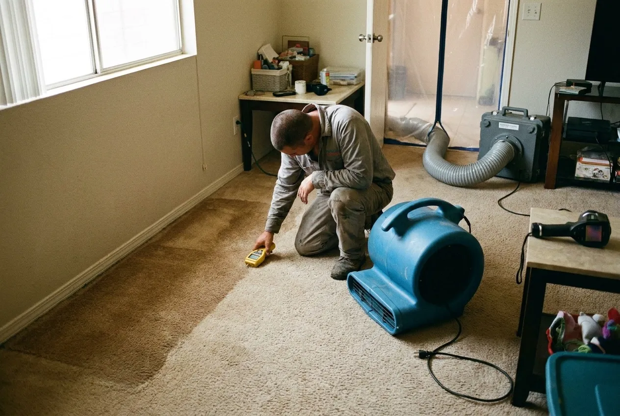 A technician probes the edge of a wet band in beige carpet with a moisture meter in a Phoenix family room.