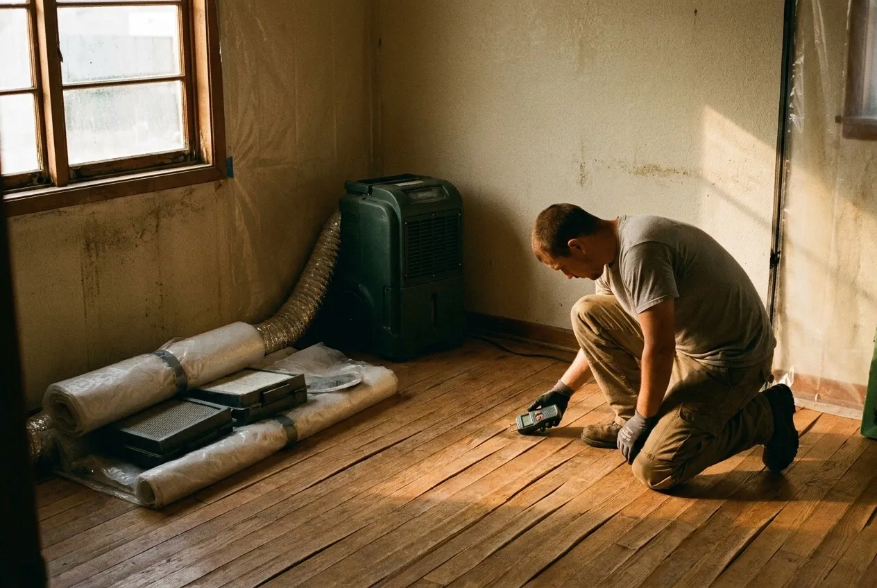 A technician takes a moisture reading on an oak strip floor beside a plaster wall in an older Phoenix home while a dehumidifier runs.