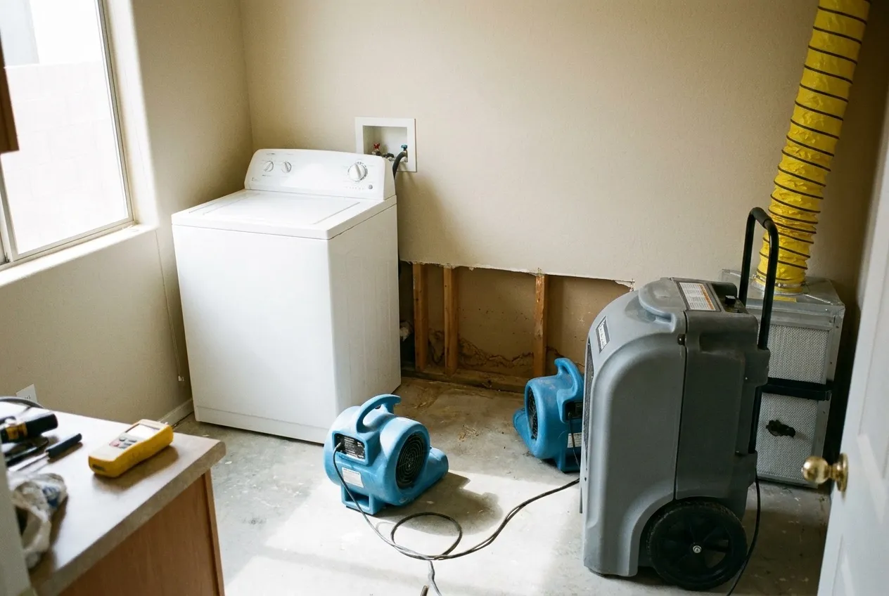 Air movers dry an opened wall behind a washing machine that has been pulled away from the wall in a laundry room.