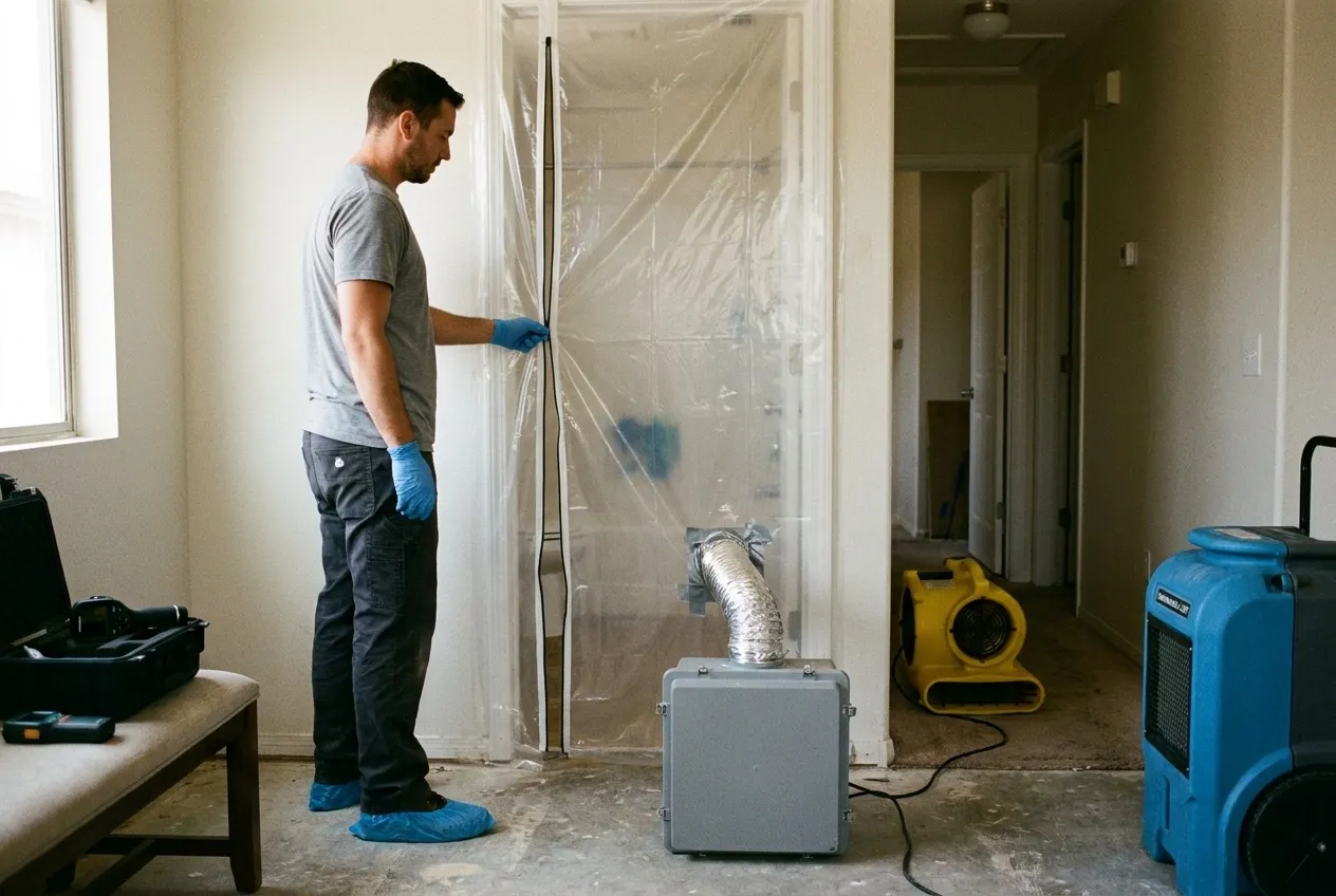 A technician zips a plastic containment door closed at a Phoenix bathroom doorway while an air scrubber runs outside it.
