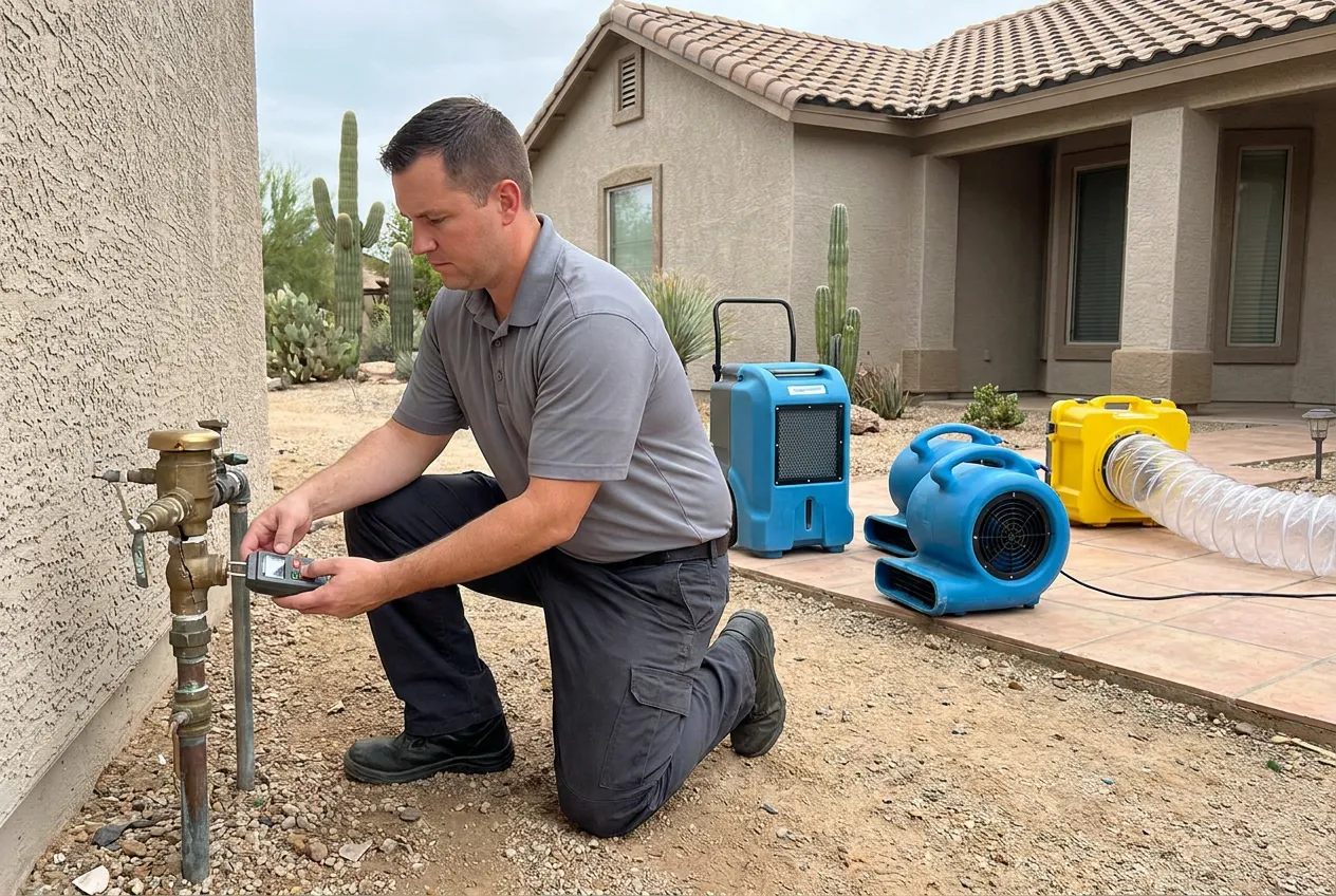 A technician examines a split backflow assembly beside a Cave Creek home after a freezing night.