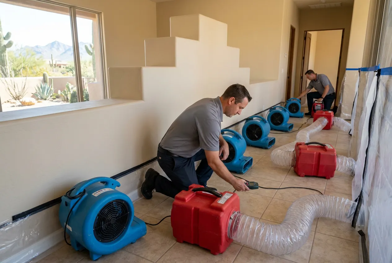 Drying equipment lines a stepped interior wall inside a seasonal Carefree custom home after a concealed leak.