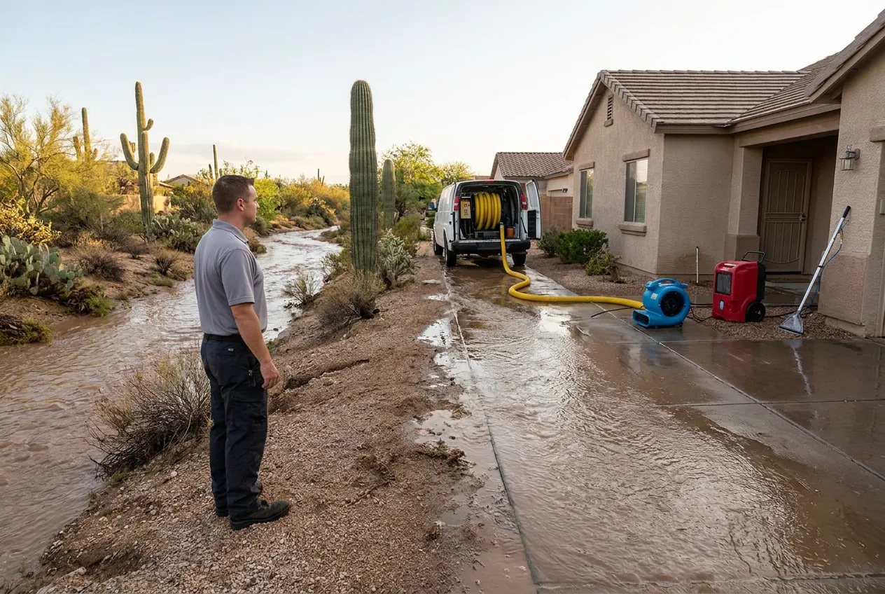 A restoration technician watches fast stormwater in Cave Creek from a dry bank before entering a nearby flooded property.