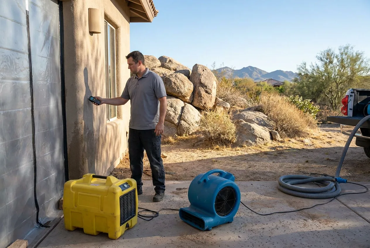 A restoration technician inspects a water-damaged foothill home among granite boulders in Cave Creek.