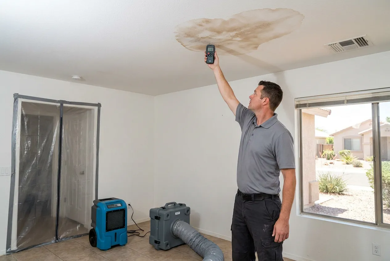 A technician maps moisture around the outer edge of a brown ceiling stain in a Phoenix living room.