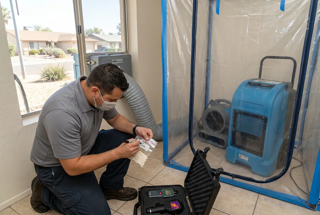 A technician labels a ceiling-texture sample beside a contained work area in an older Phoenix home.